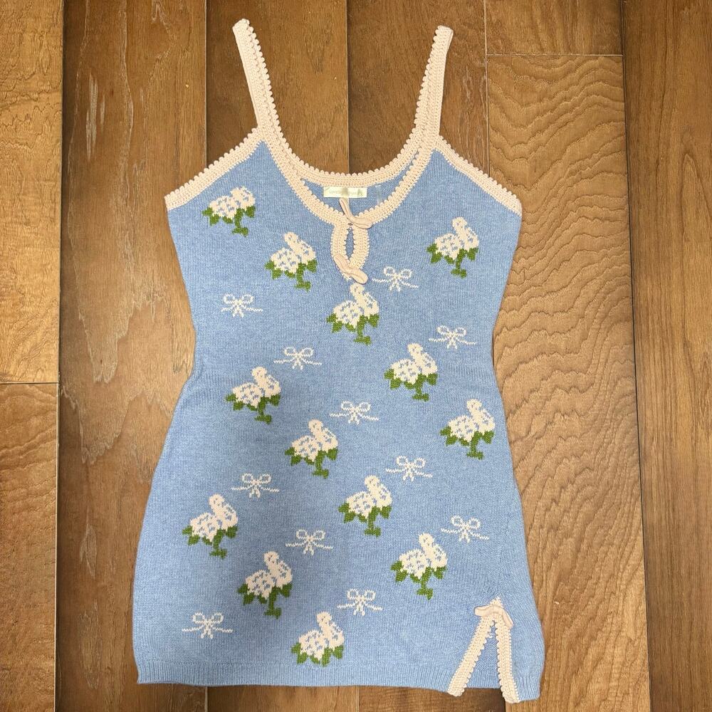 LoveShackFancy Light Blue Floral Knit Slip Dress with Cream Trim
